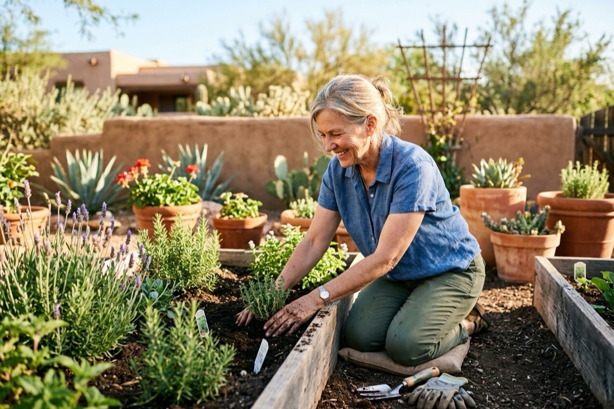 A woman tending raised garden beds in a sunny Arizona backyard